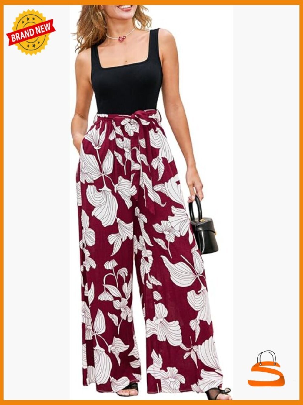 Women's Square Neck Sleeveless Wide Leg Jumpsuit with Pockets Summer Casual